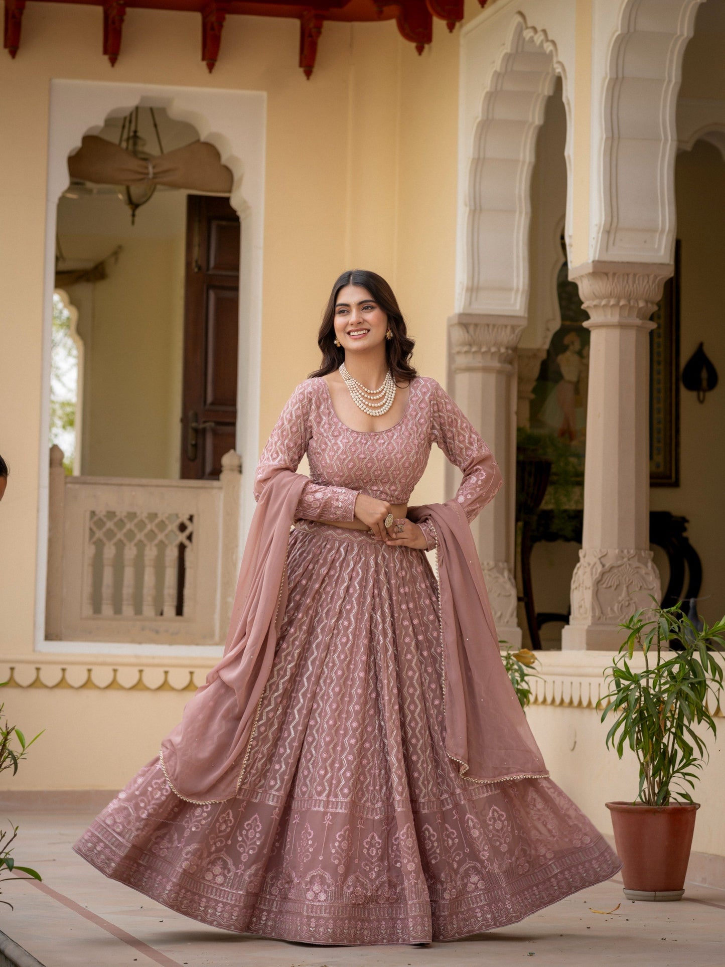 Faux Georgette Thread,Zari Sequence Embroidery Work Lehenga