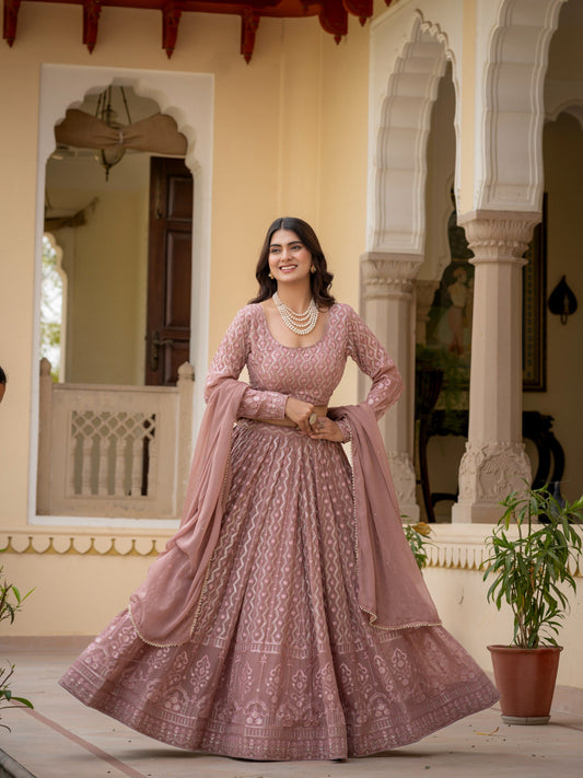 Faux Georgette Thread,Zari Sequence Embroidery Work Lehenga