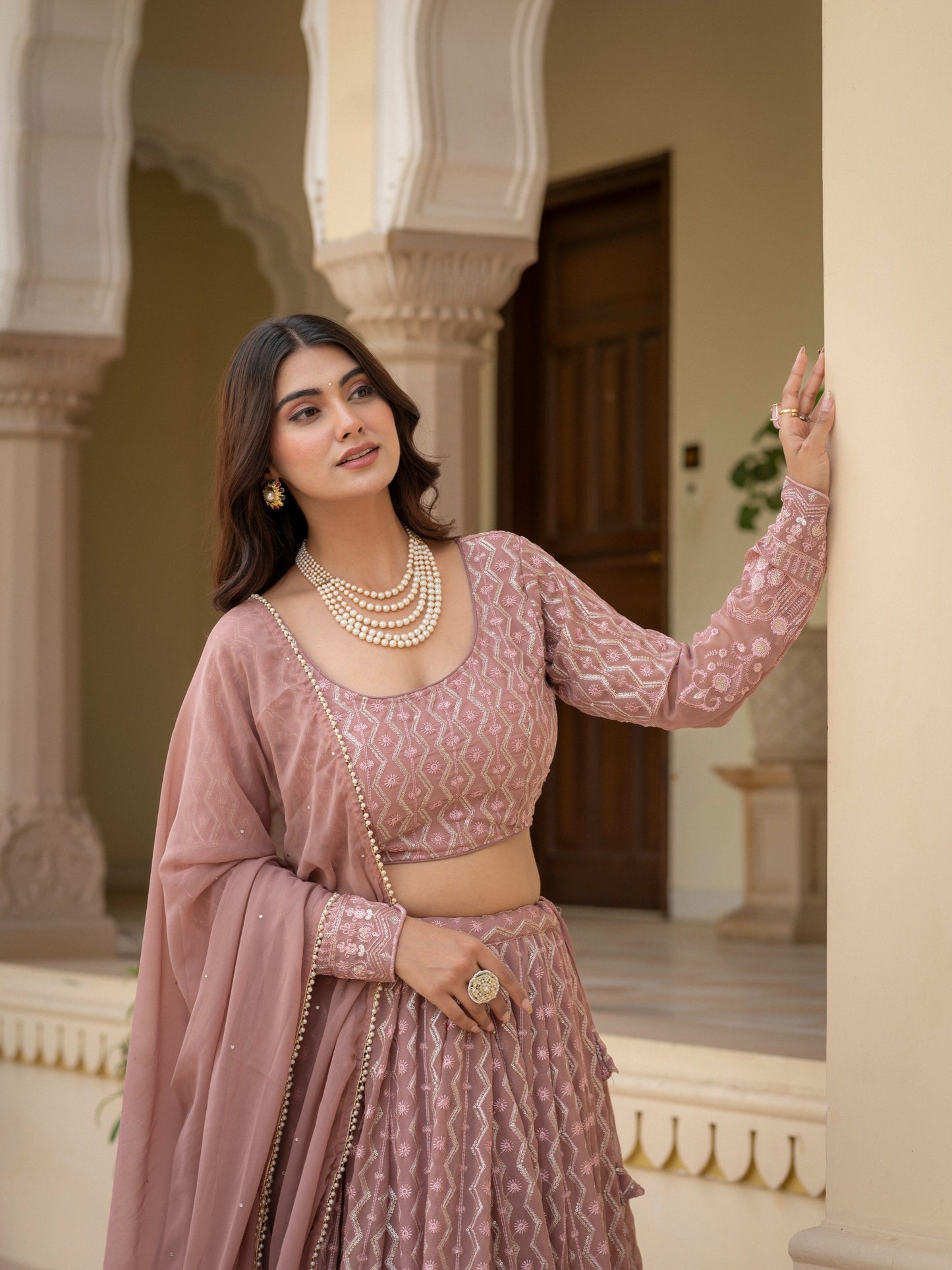 Faux Georgette Thread,Zari Sequence Embroidery Work Lehenga