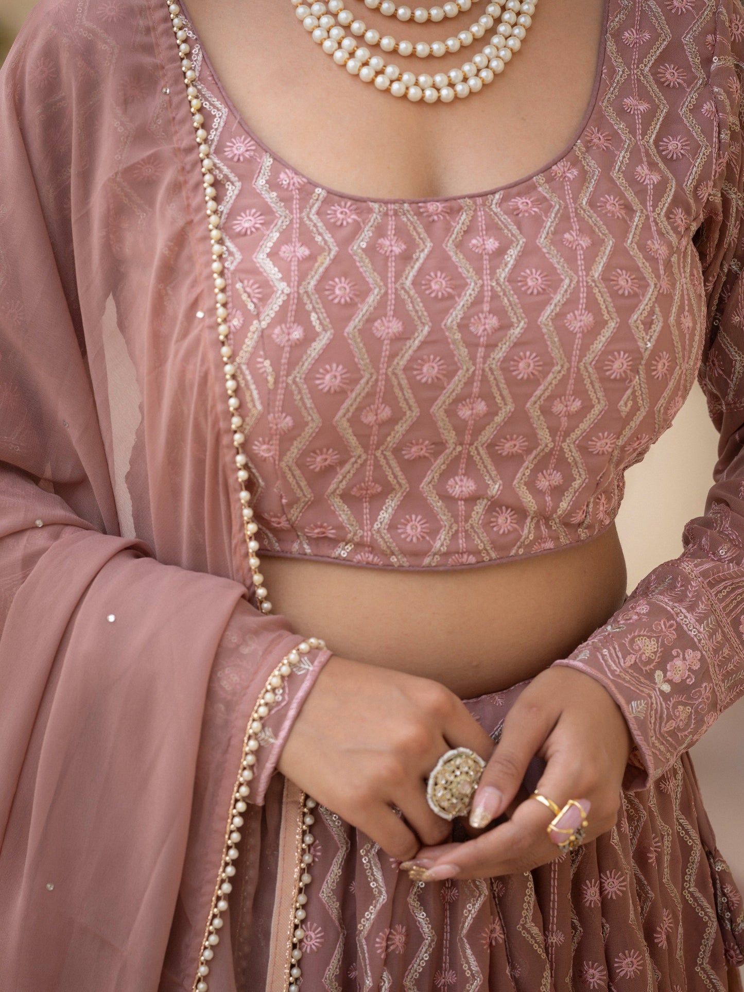 Faux Georgette Thread,Zari Sequence Embroidery Work Lehenga