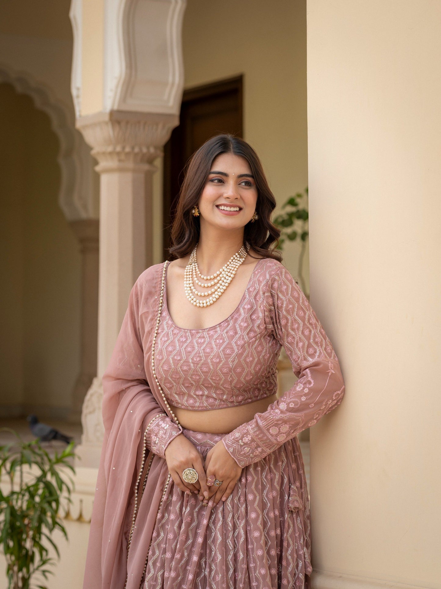 Faux Georgette Thread,Zari Sequence Embroidery Work Lehenga