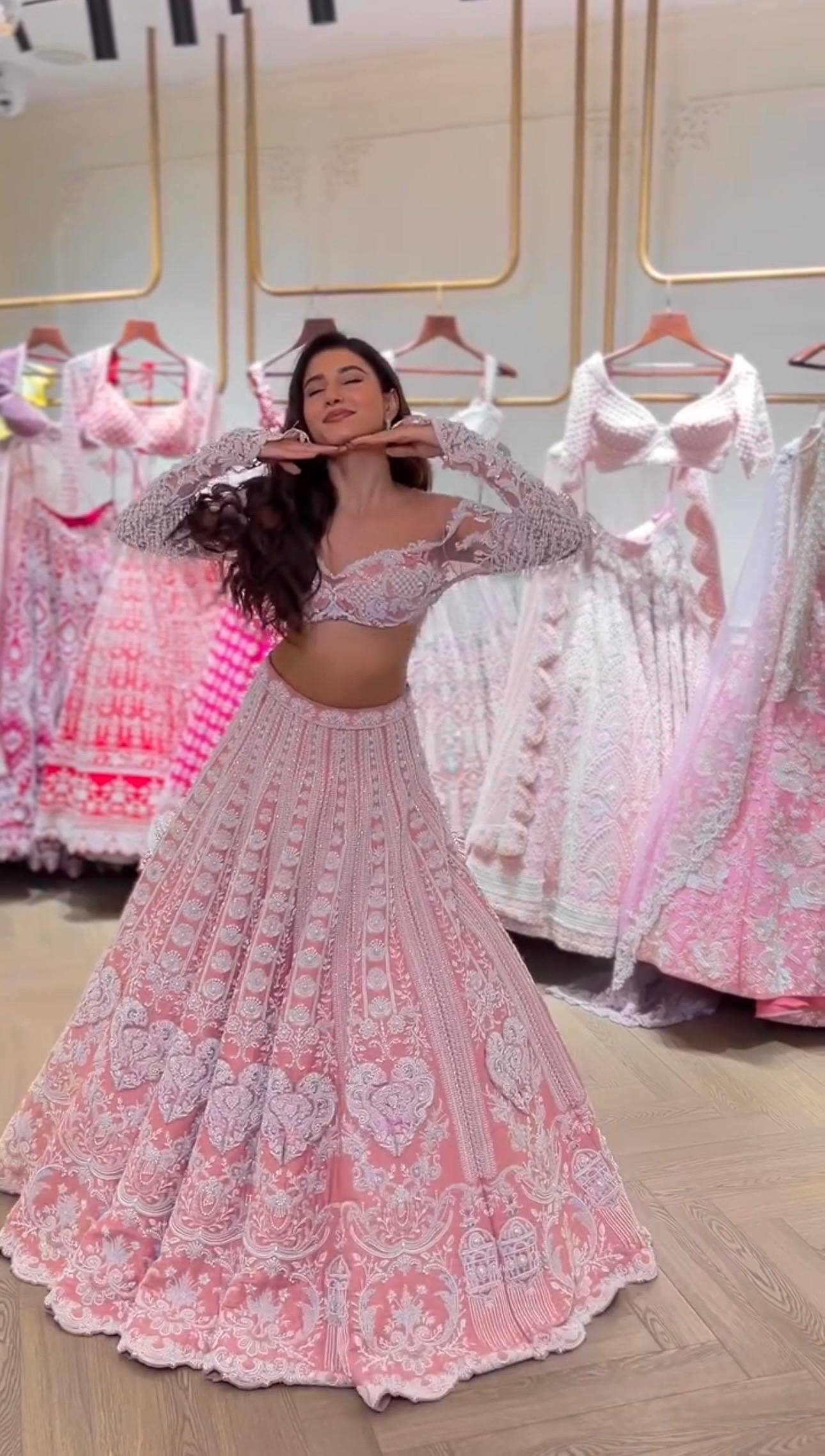Slub silk lehenga with Resham dori & rainbow sequins work choli