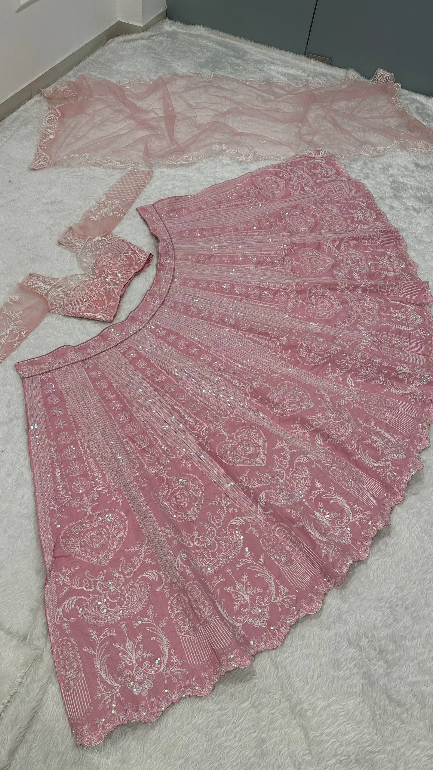 Slub silk lehenga with Resham dori & rainbow sequins work choli