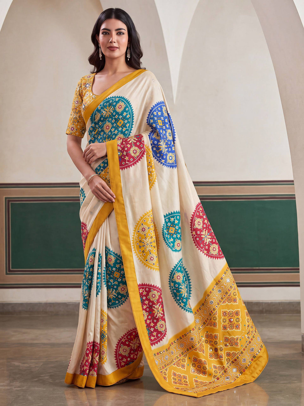 Crap Silk Digital Patola Print With Real Mirror Saree