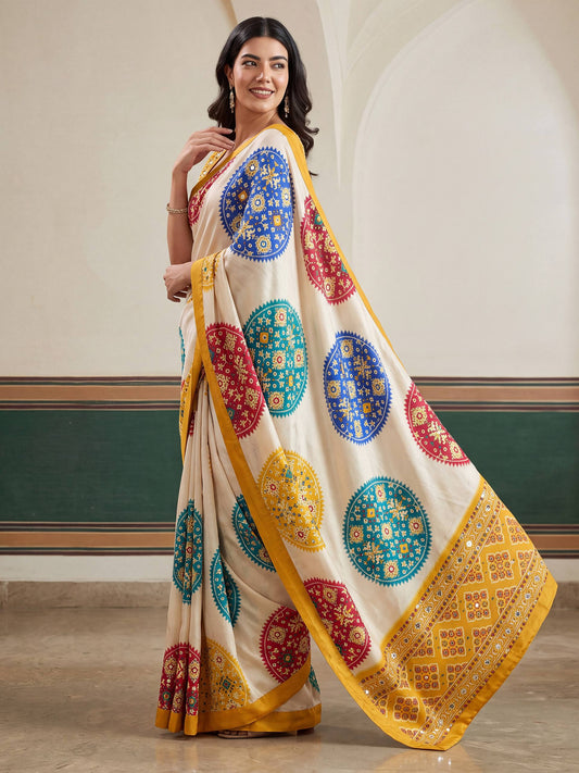 Crap Silk Digital Patola Print With Real Mirror Saree