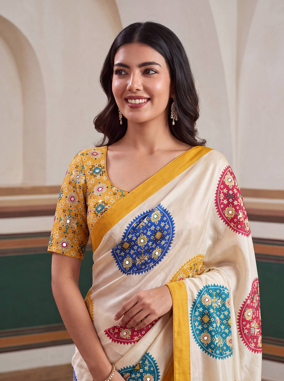 Crap Silk Digital Patola Print With Real Mirror Saree