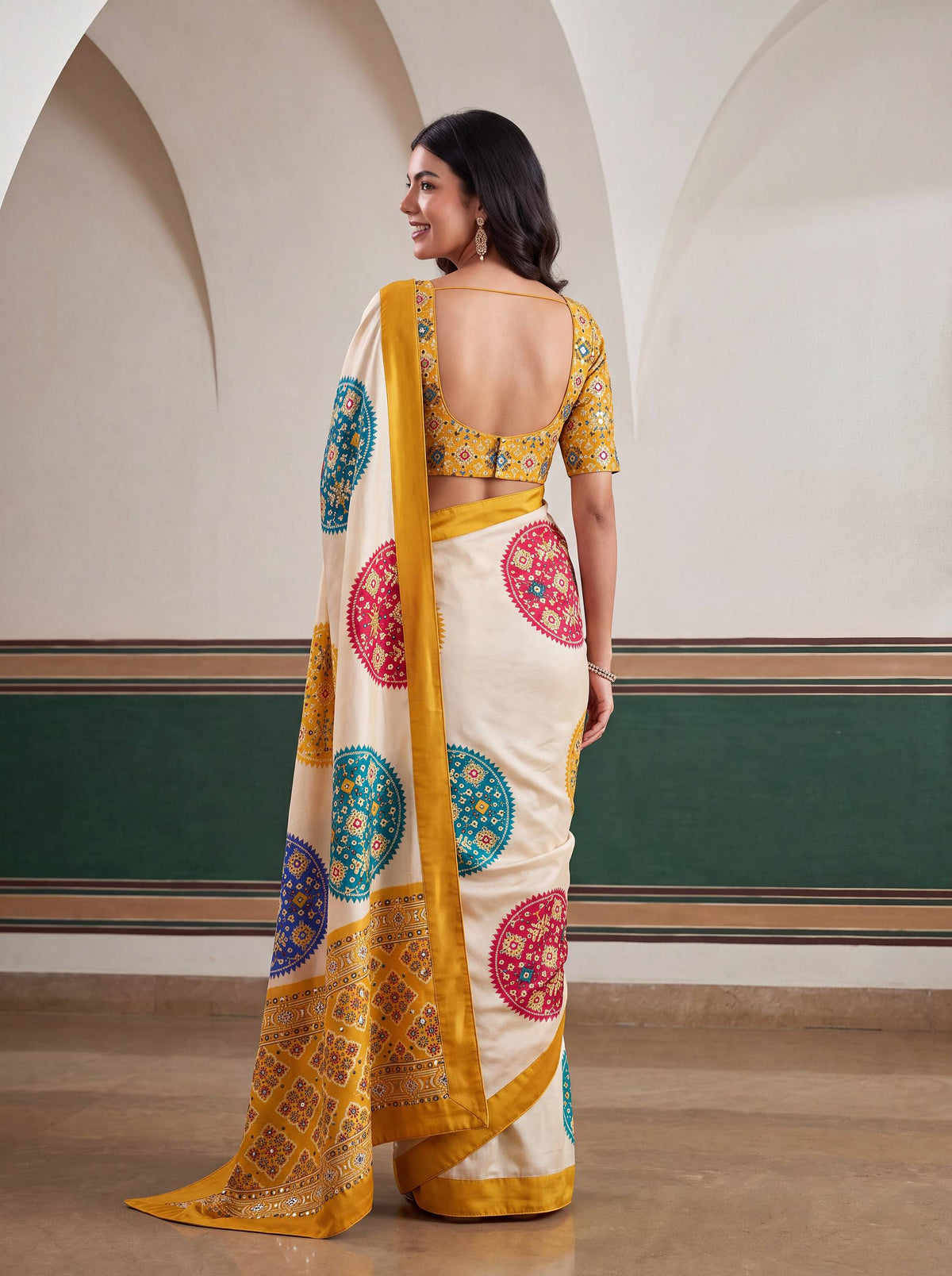 Crap Silk Digital Patola Print With Real Mirror Saree
