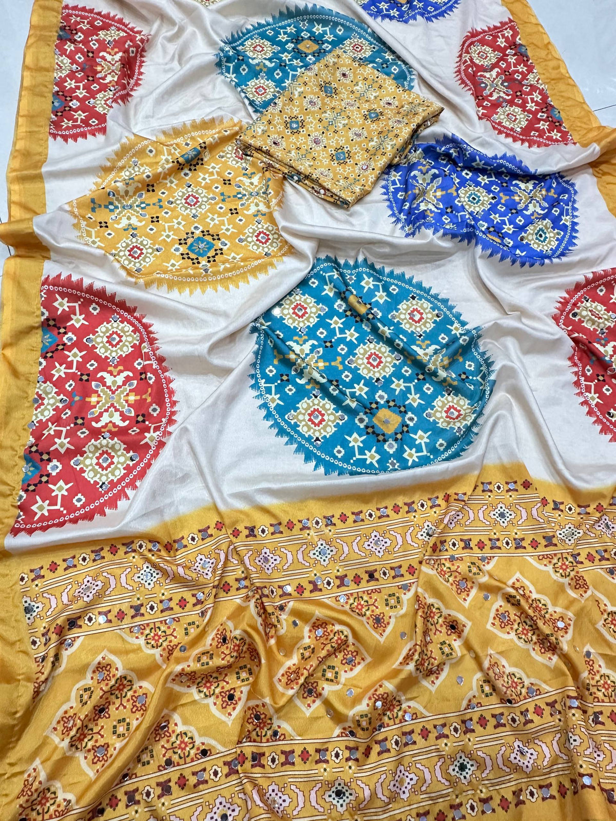Crap Silk Digital Patola Print With Real Mirror Saree