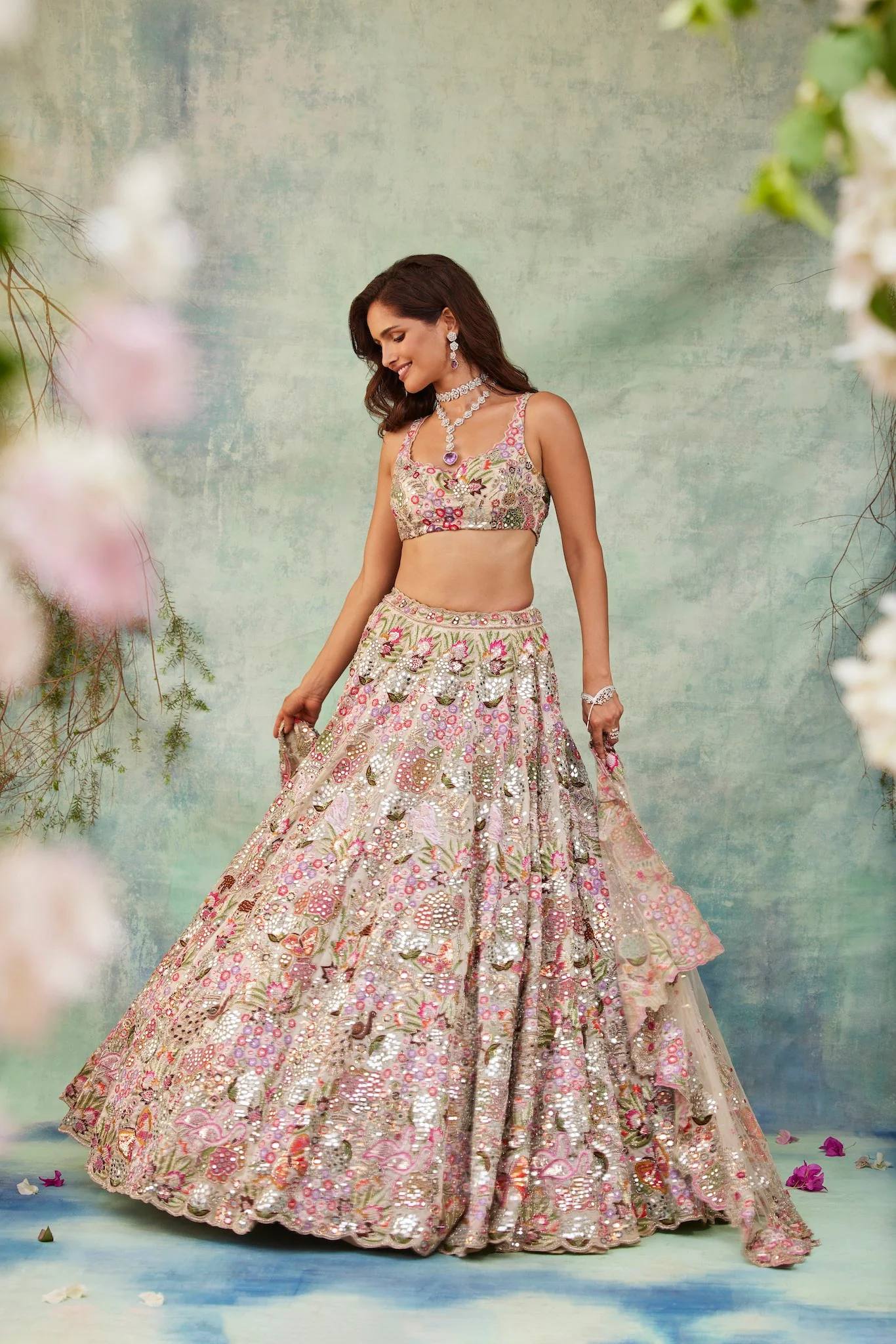 Faux Georgette lehenga with thread sequins & zari work choli