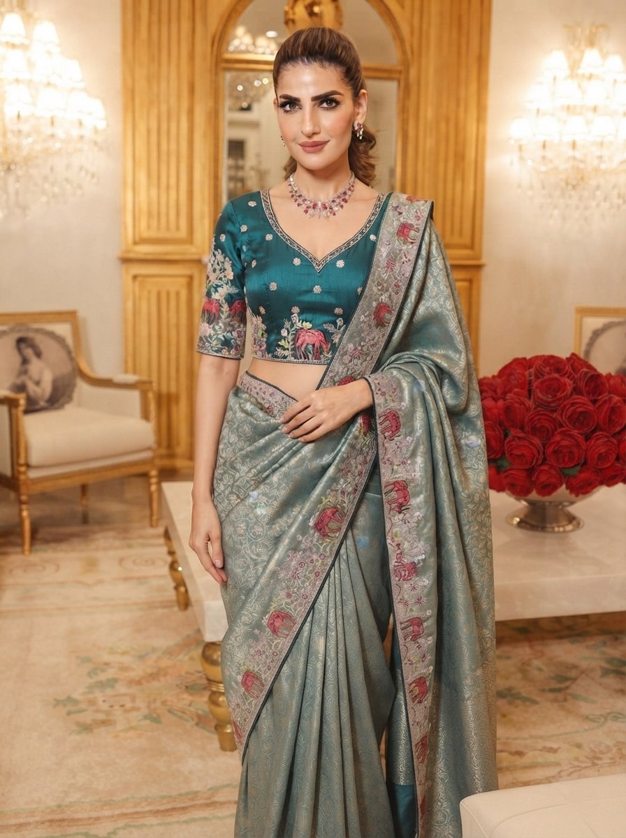 Wedding Wear Pure Kanjivarm Silk Heavy Embroidery Work Saree