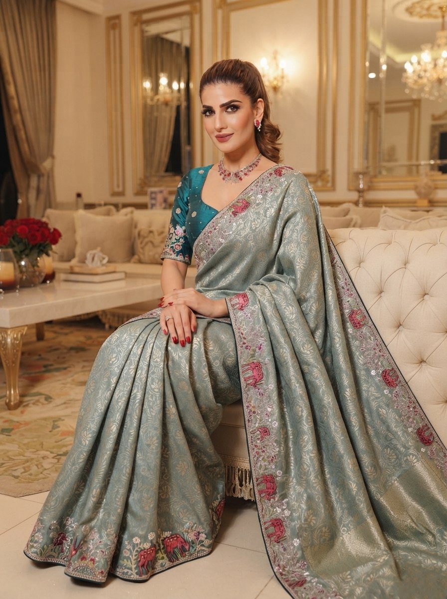 Wedding Wear Pure Kanjivarm Silk Heavy Embroidery Work Saree