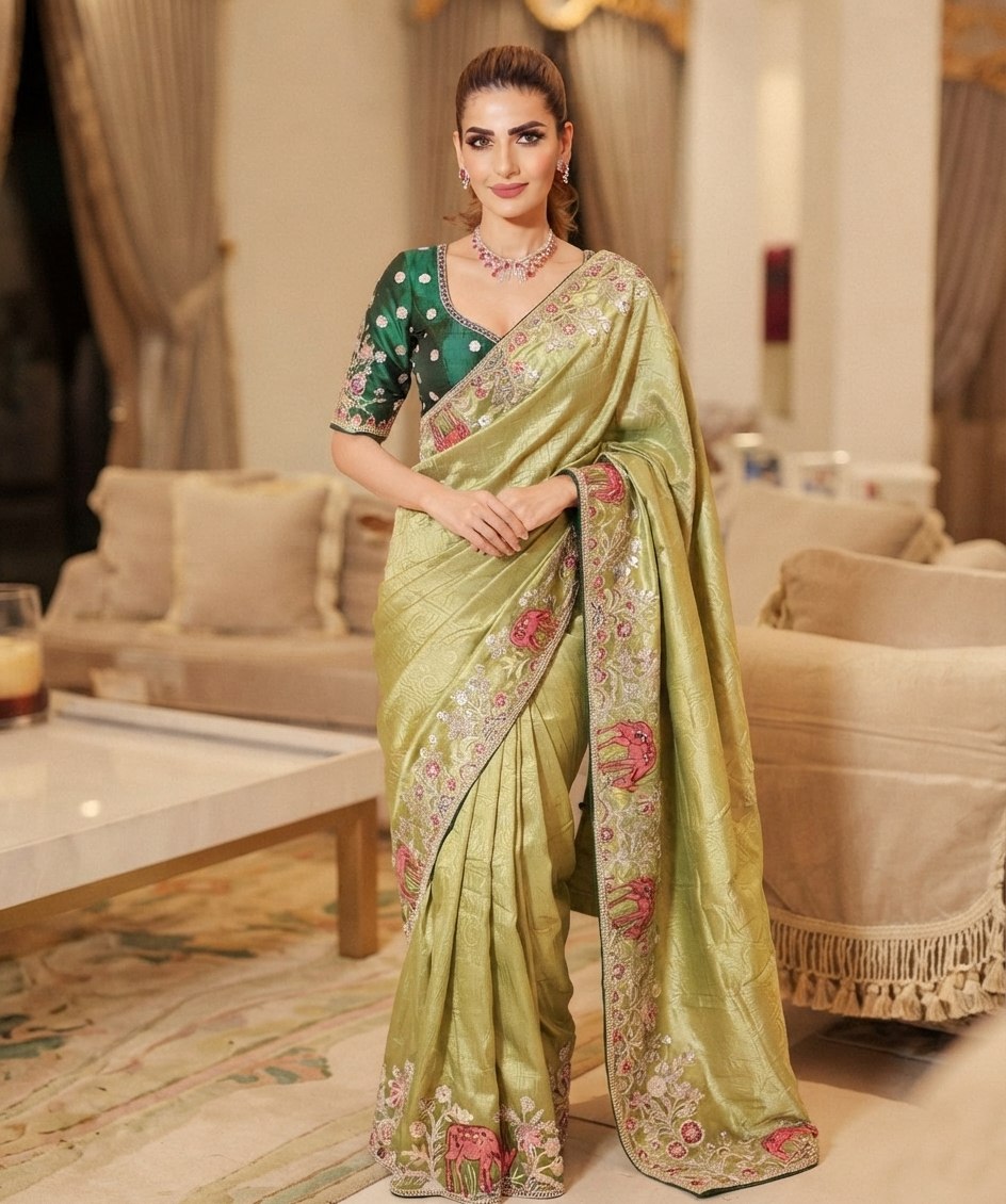 Wedding Wear Pure Kanjivarm Silk Heavy Embroidery Work Saree