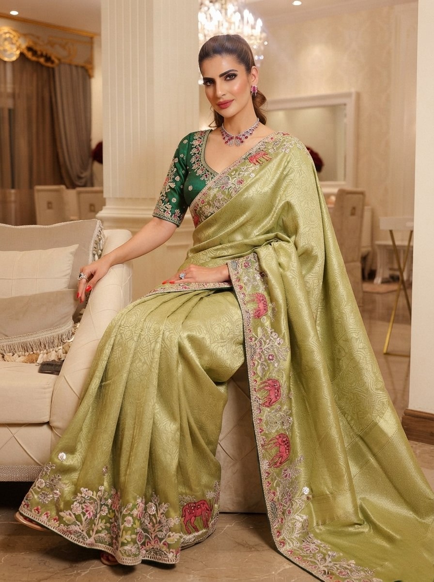 Wedding Wear Pure Kanjivarm Silk Heavy Embroidery Work Saree