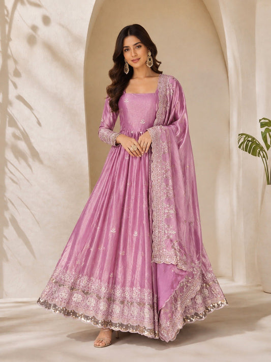Premium Fandy Satin Zari Sequence Embroidery Work Gown