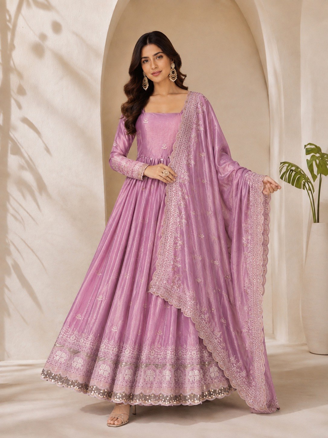 Premium Fandy Satin Zari Sequence Embroidery Work Gown