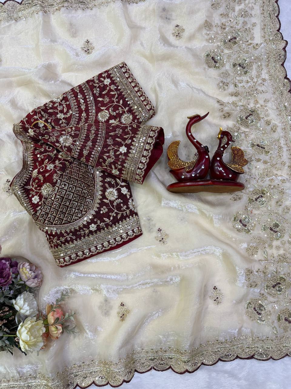Soft Space silk Fabric Sequance and Zari Embroidery Work Saree