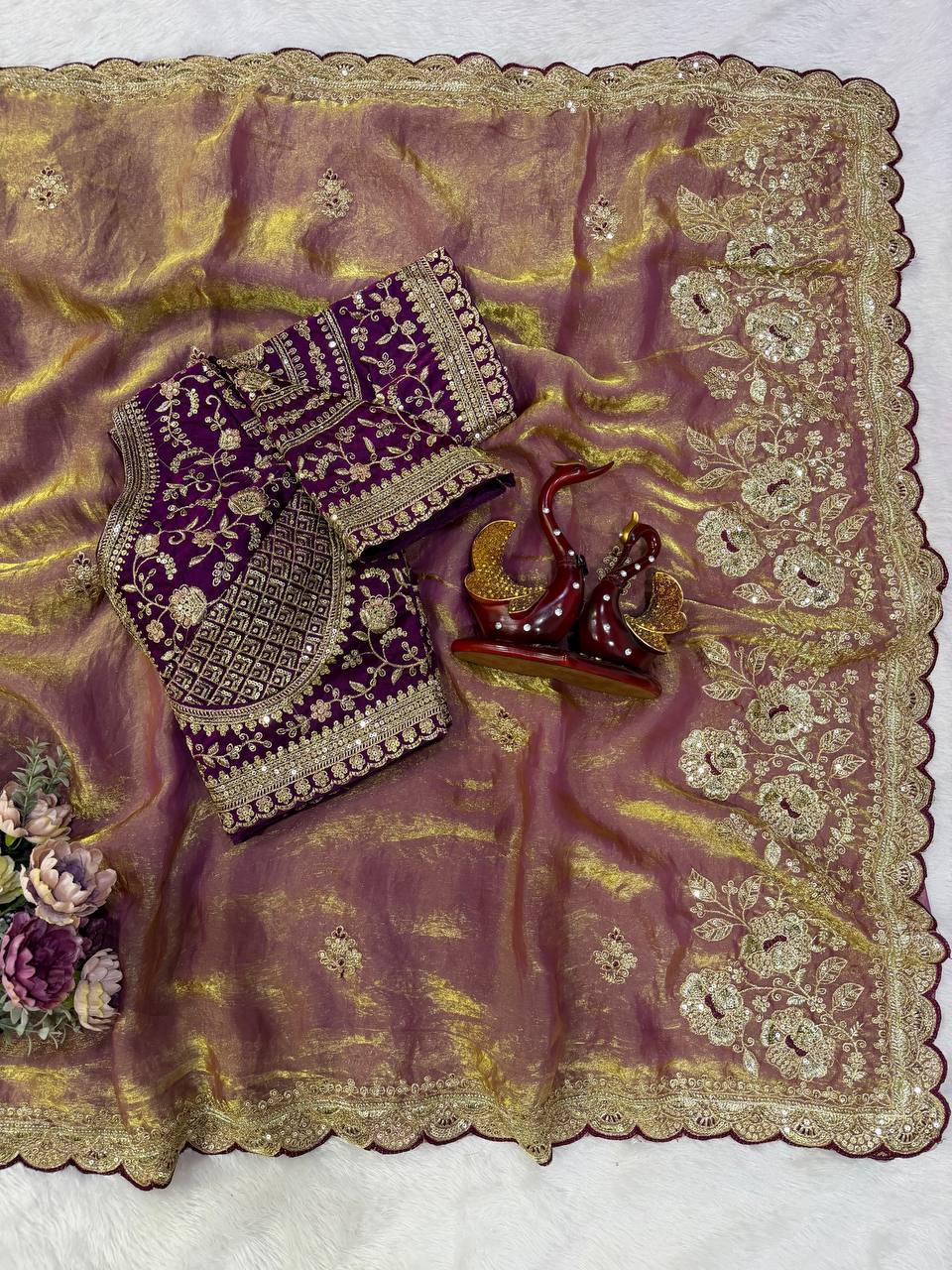 Soft Space silk Fabric Sequance and Zari Embroidery Work Saree