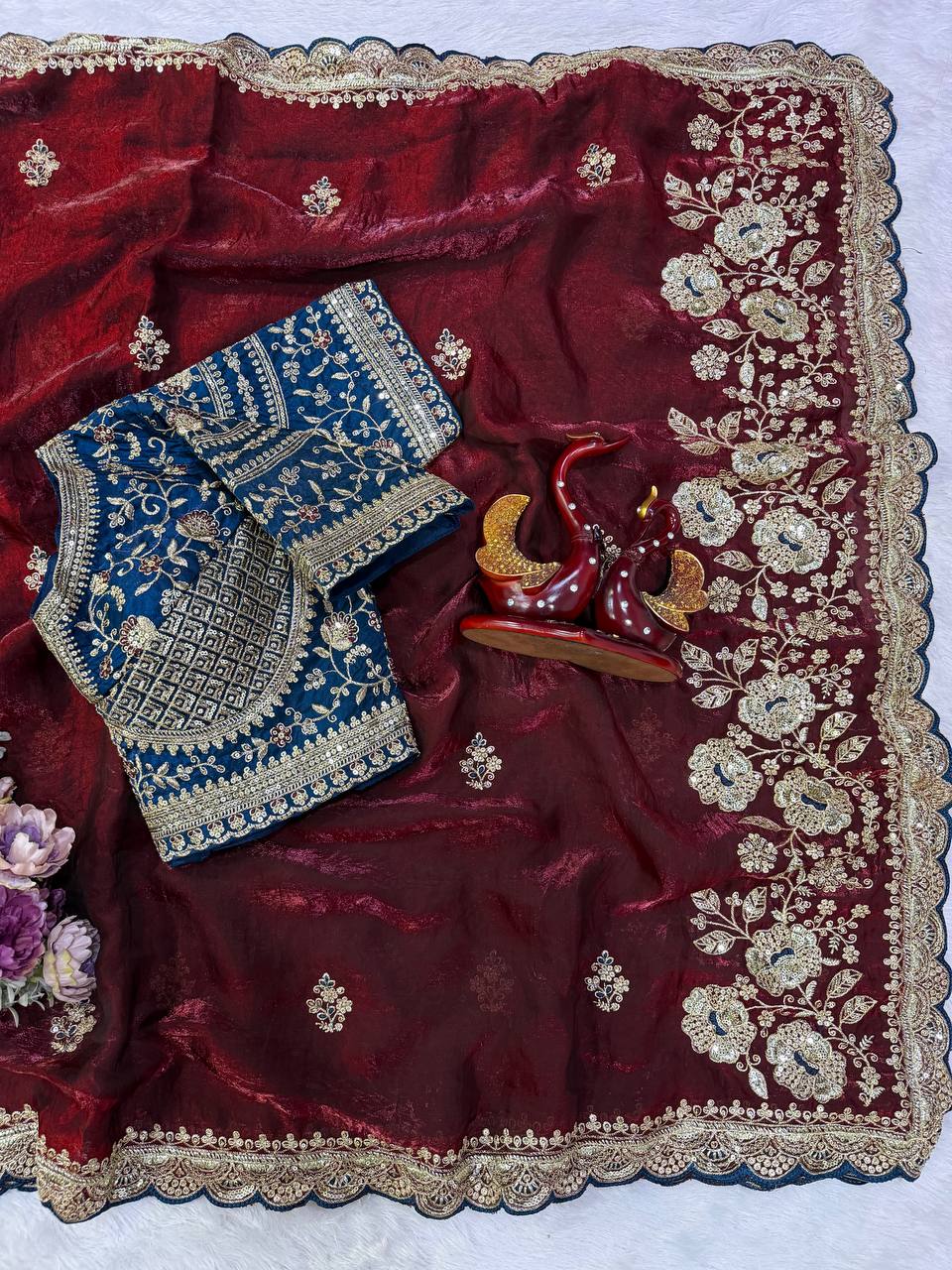Soft Space silk Fabric Sequance and Zari Embroidery Work Saree