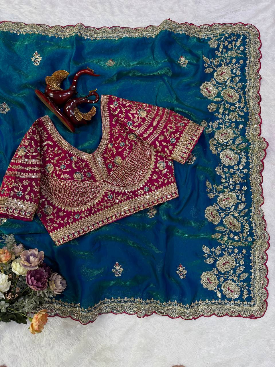 Soft Space silk Fabric Sequance and Zari Embroidery Work Saree