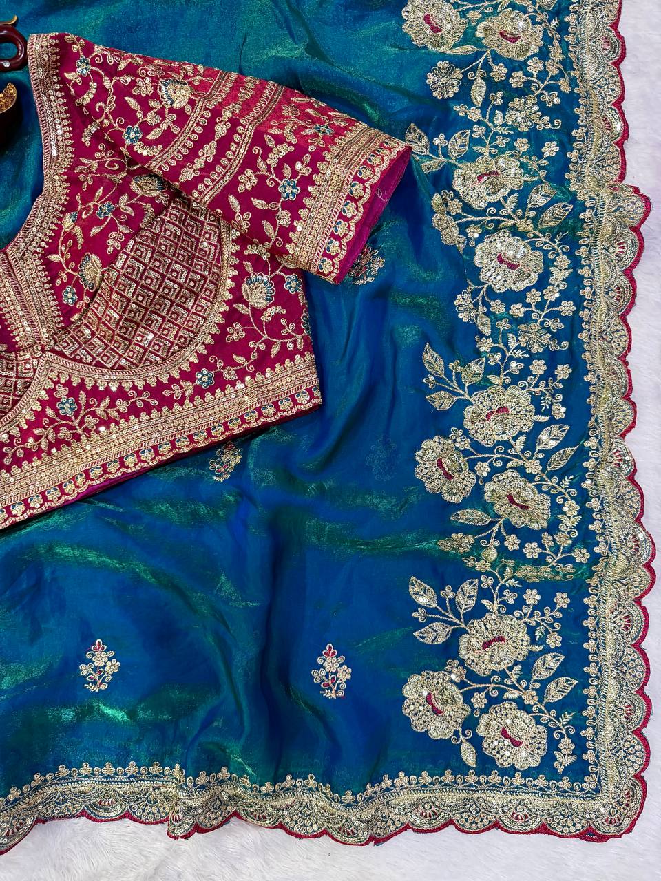 Soft Space silk Fabric Sequance and Zari Embroidery Work Saree