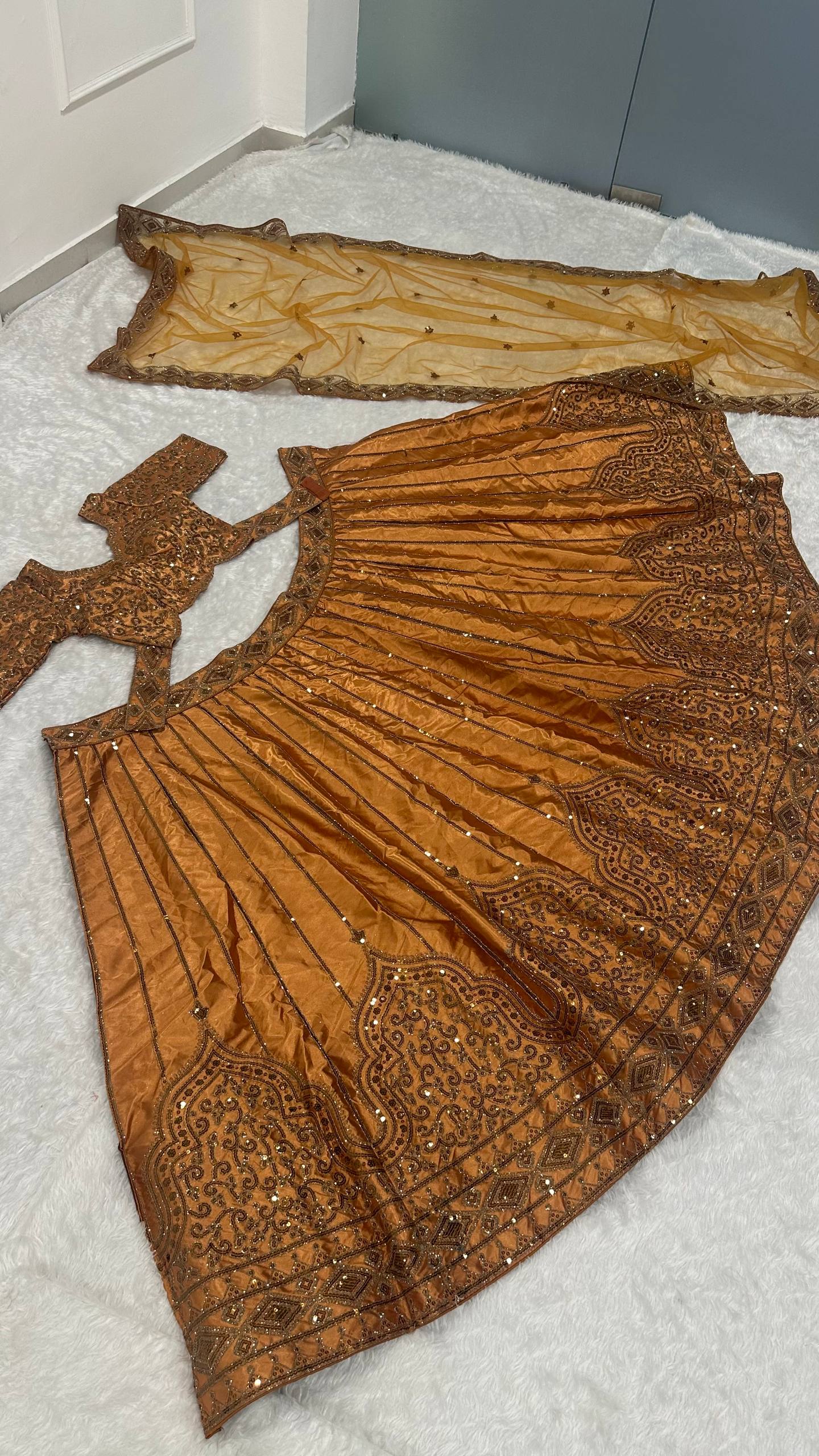 Satin silk lehenga with sequins & Dori work