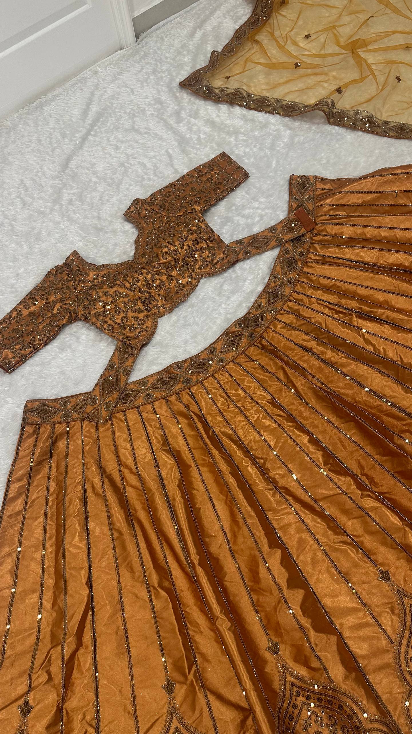 Satin silk lehenga with sequins & Dori work