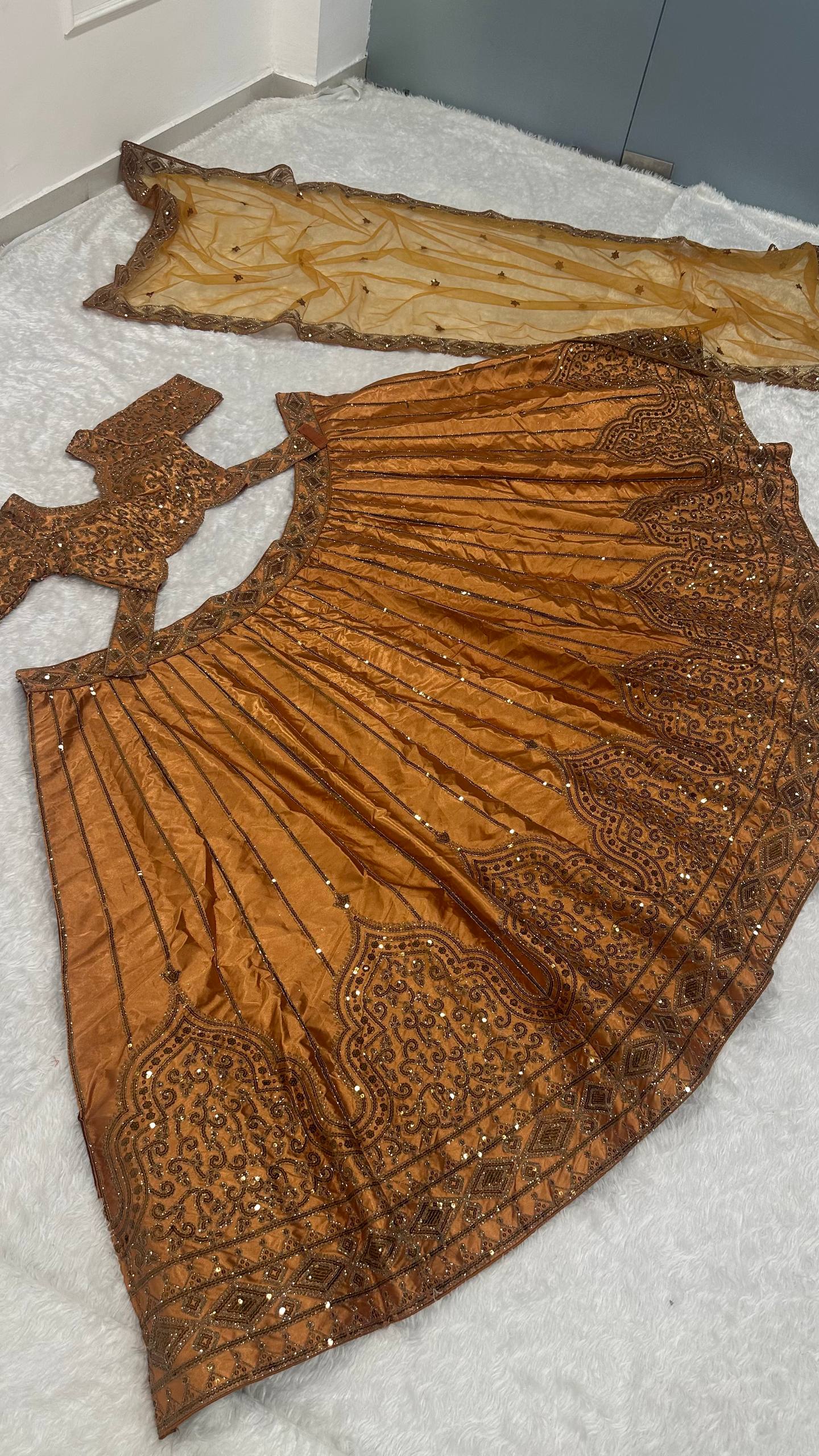 Satin silk lehenga with sequins & Dori work
