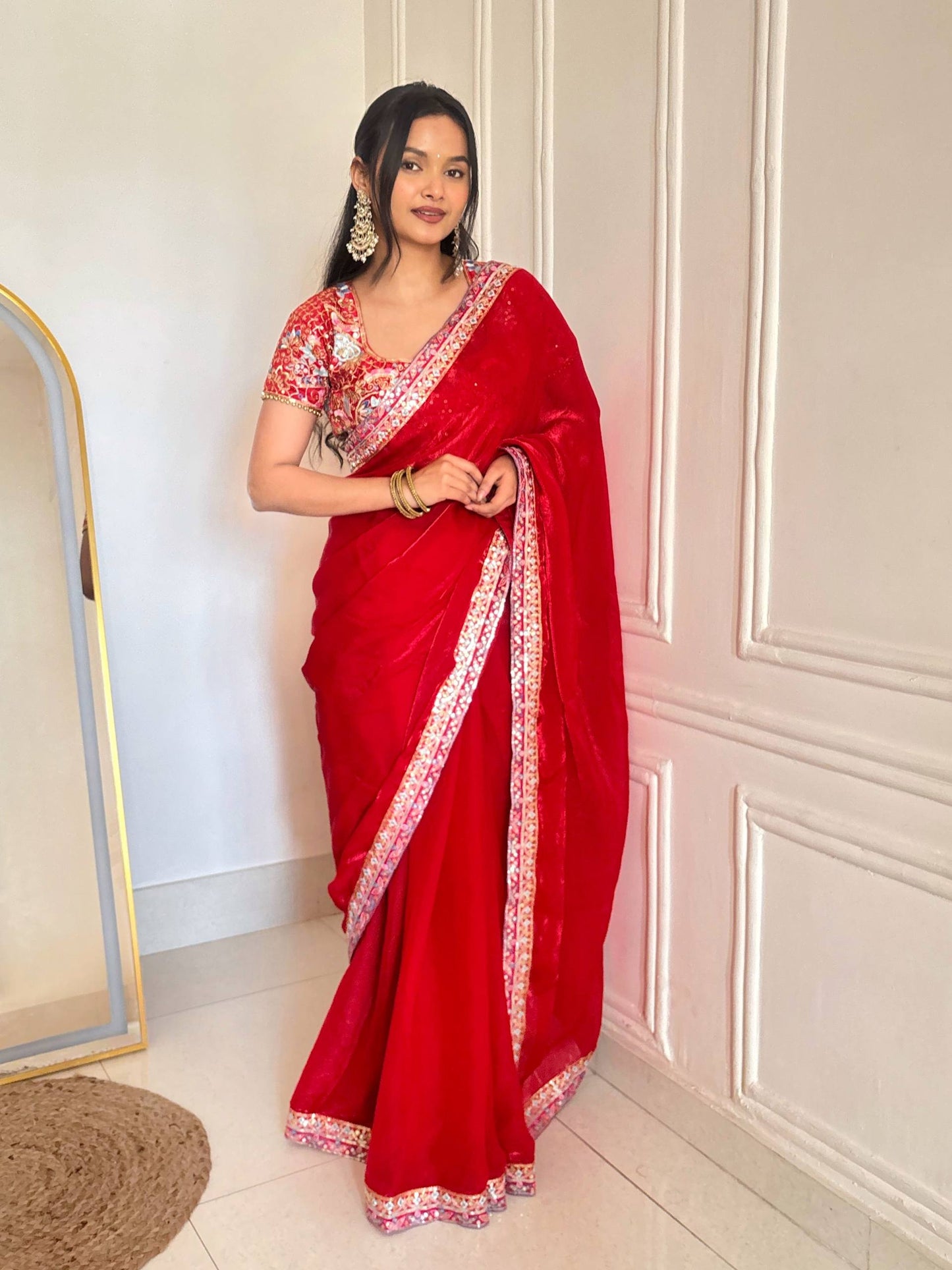 Fandy Satin Silk Designer Sequins and jari & Multi Thread Embroidery Work Saree