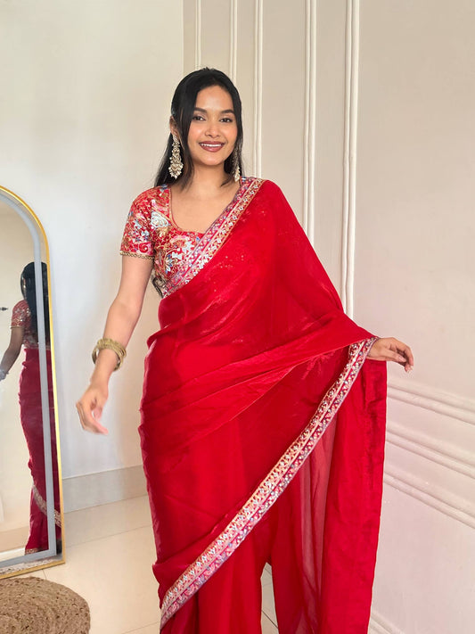 Fandy Satin Silk Designer Sequins and jari & Multi Thread Embroidery Work Saree