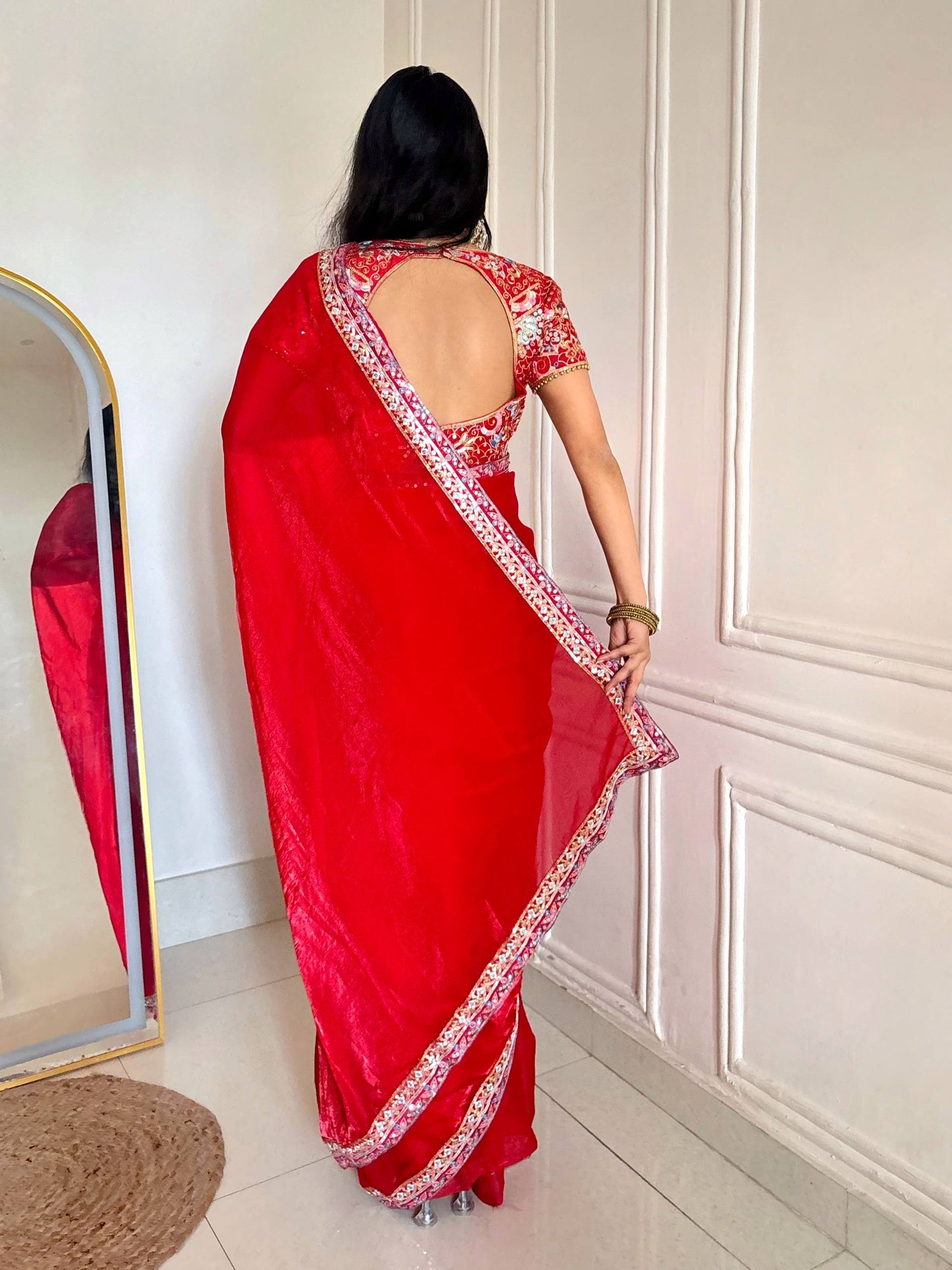 Fandy Satin Silk Designer Sequins and jari & Multi Thread Embroidery Work Saree