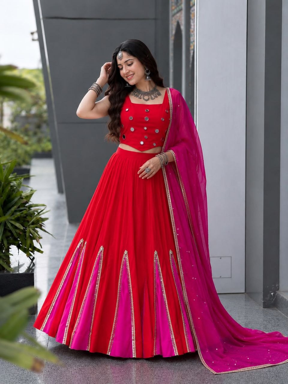 Cotton kali + mirror work lace fully stitched lehenga