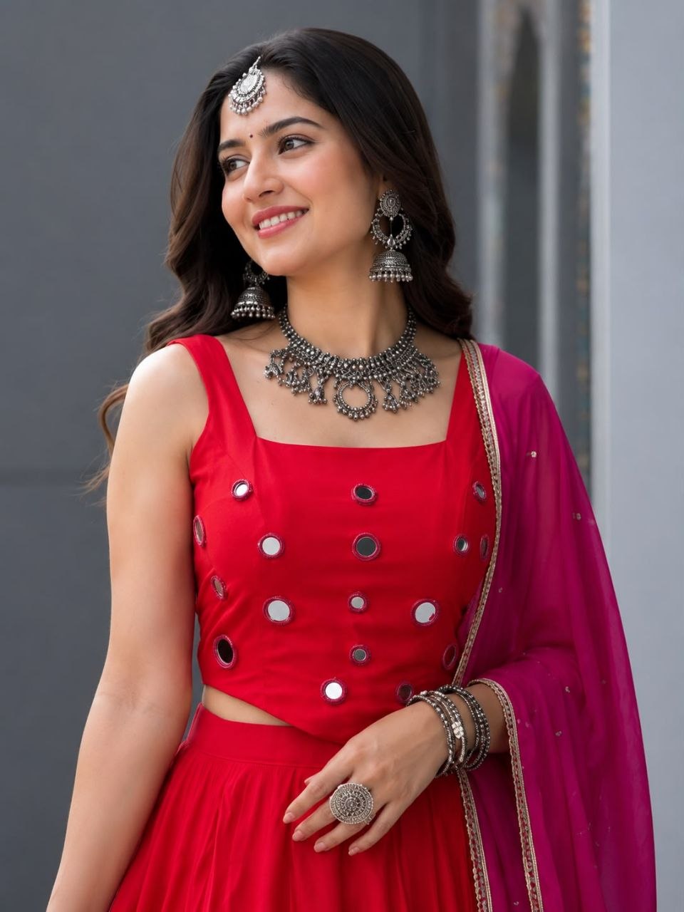 Cotton kali + mirror work lace fully stitched lehenga