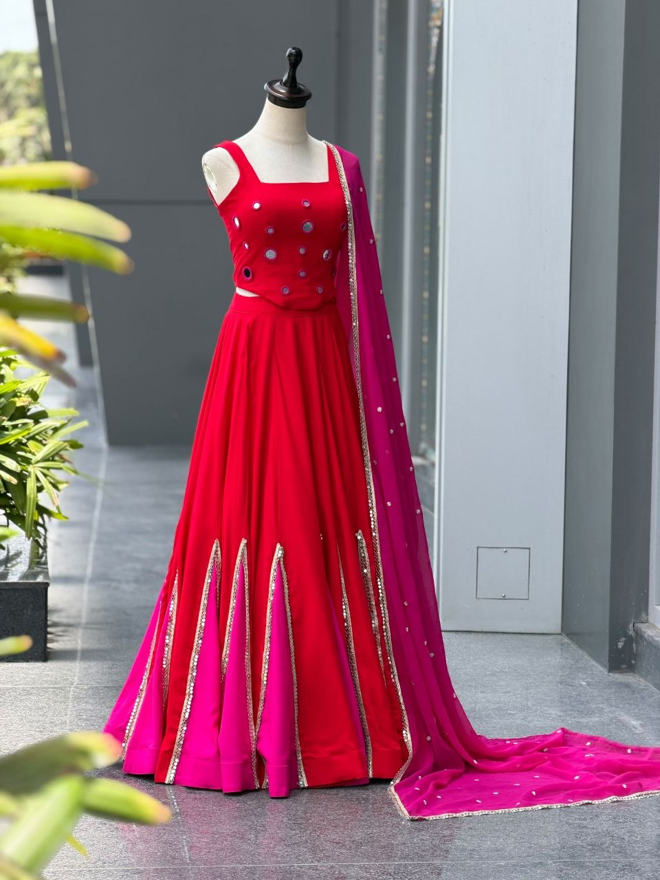Cotton kali + mirror work lace fully stitched lehenga