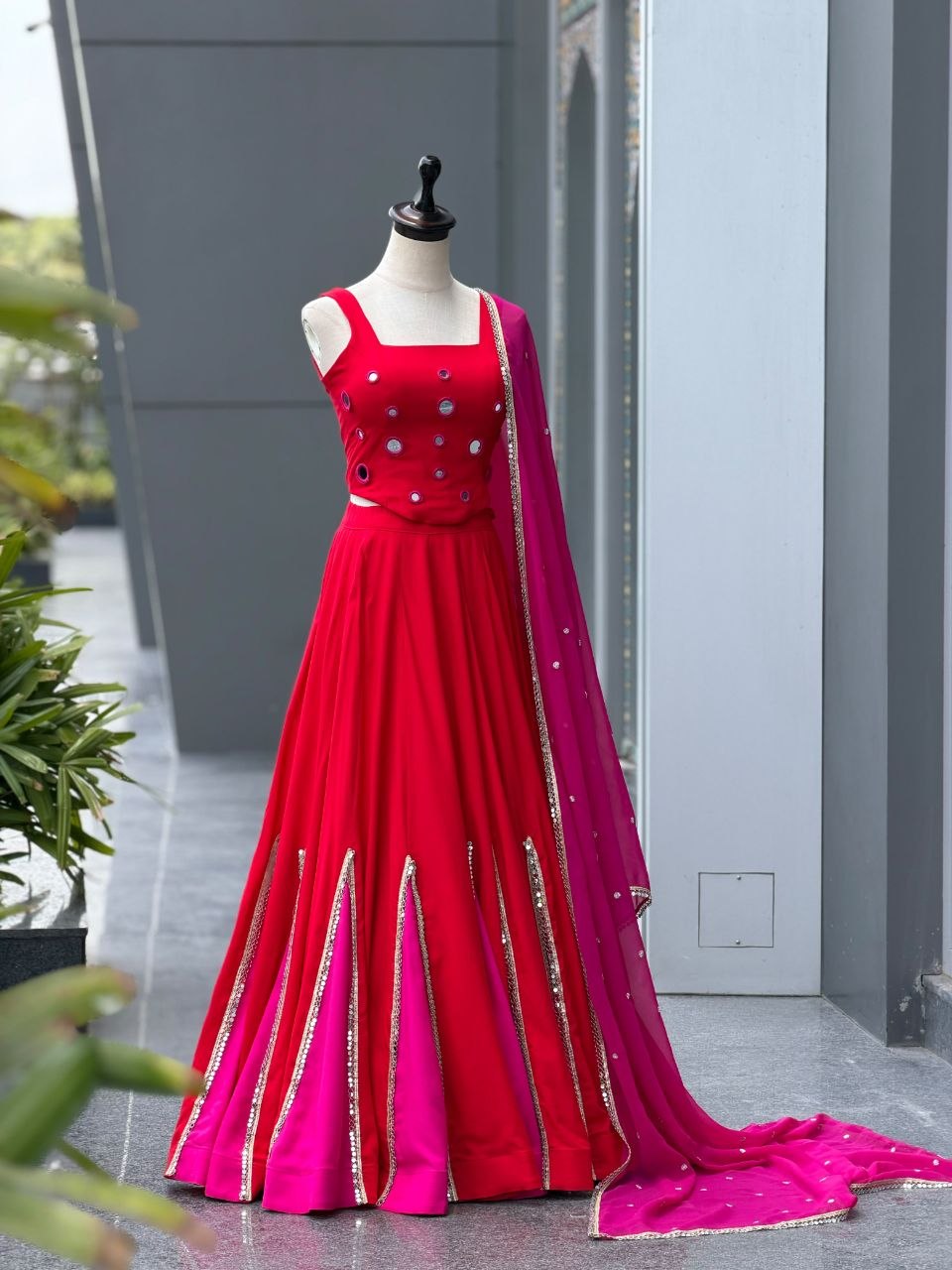 Cotton kali + mirror work lace fully stitched lehenga
