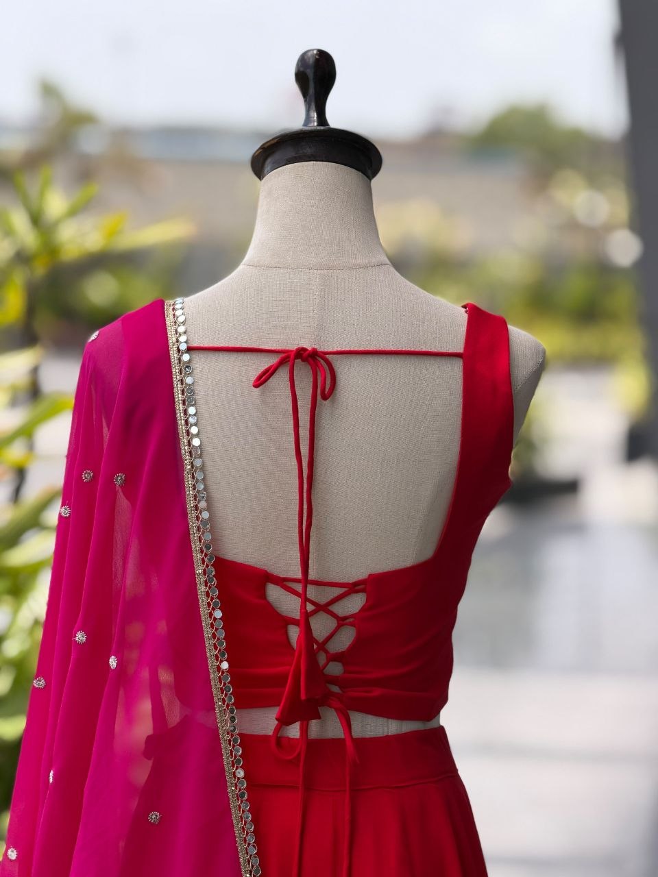 Cotton kali + mirror work lace fully stitched lehenga