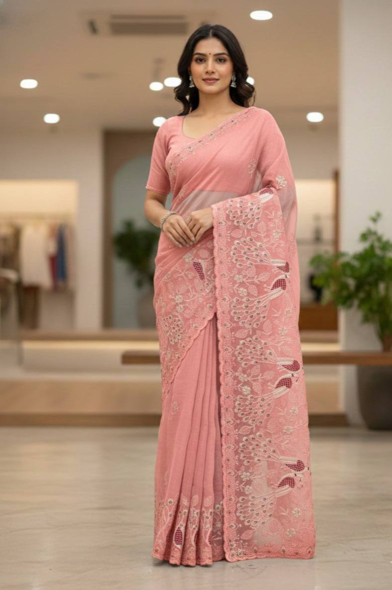 Pure Soft linen coton silk with digital print and Khatli and foil work saree