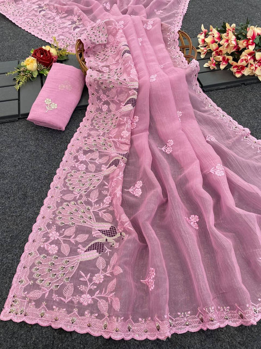 Pure Soft linen coton silk with digital print and Khatli and foil work saree