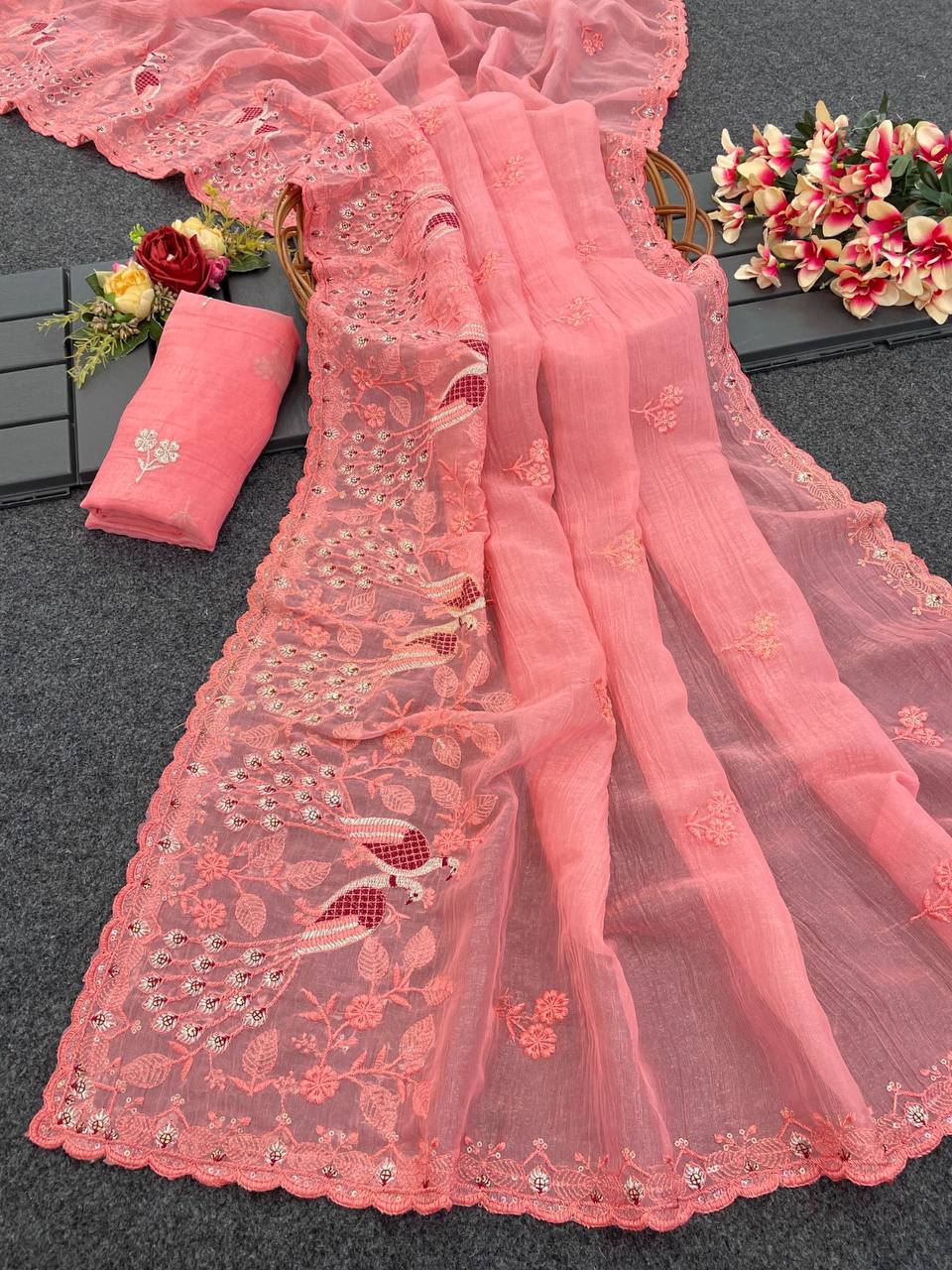 Pure Soft linen coton silk with digital print and Khatli and foil work saree