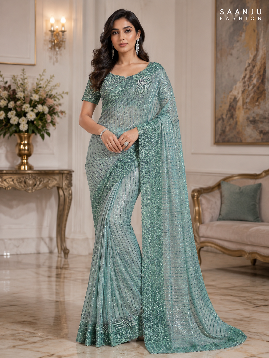 Sea Green Designer Saree Set