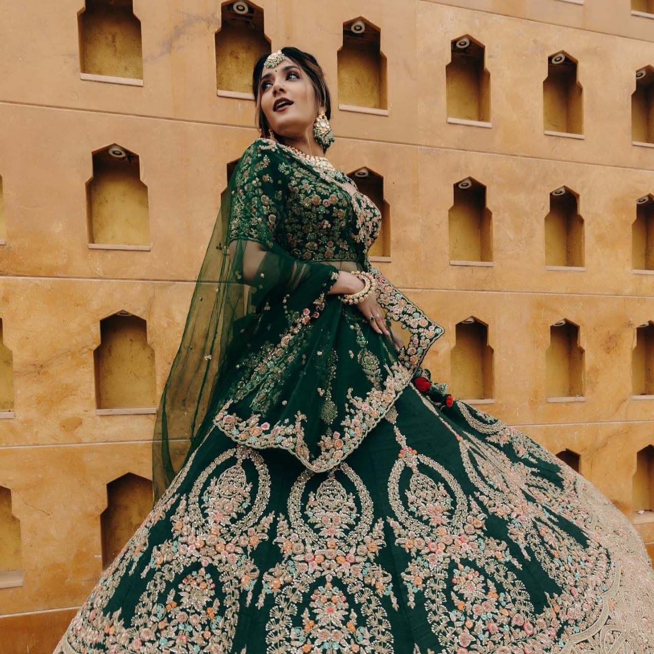 Bottle Green Silk Bridal Lehenga With Heavy Choli- Frilled Daman  Embellished In Zardosi And Pearl-Sequins Butti's - Aara Couture