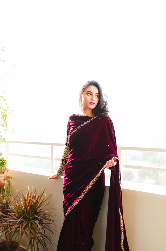 SPECIAL WEDDING SUPERHIT TRENDING VELVET SAREE WITH EMBROIDERED & FANCY LACE BORDER & SLEEVE WORK