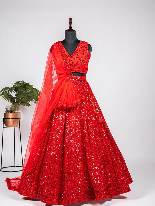 RED COLOUR SEQUNCE AND THREAD WORK LEHENGA CHOLI WITH CANCAN  AND CANVAS