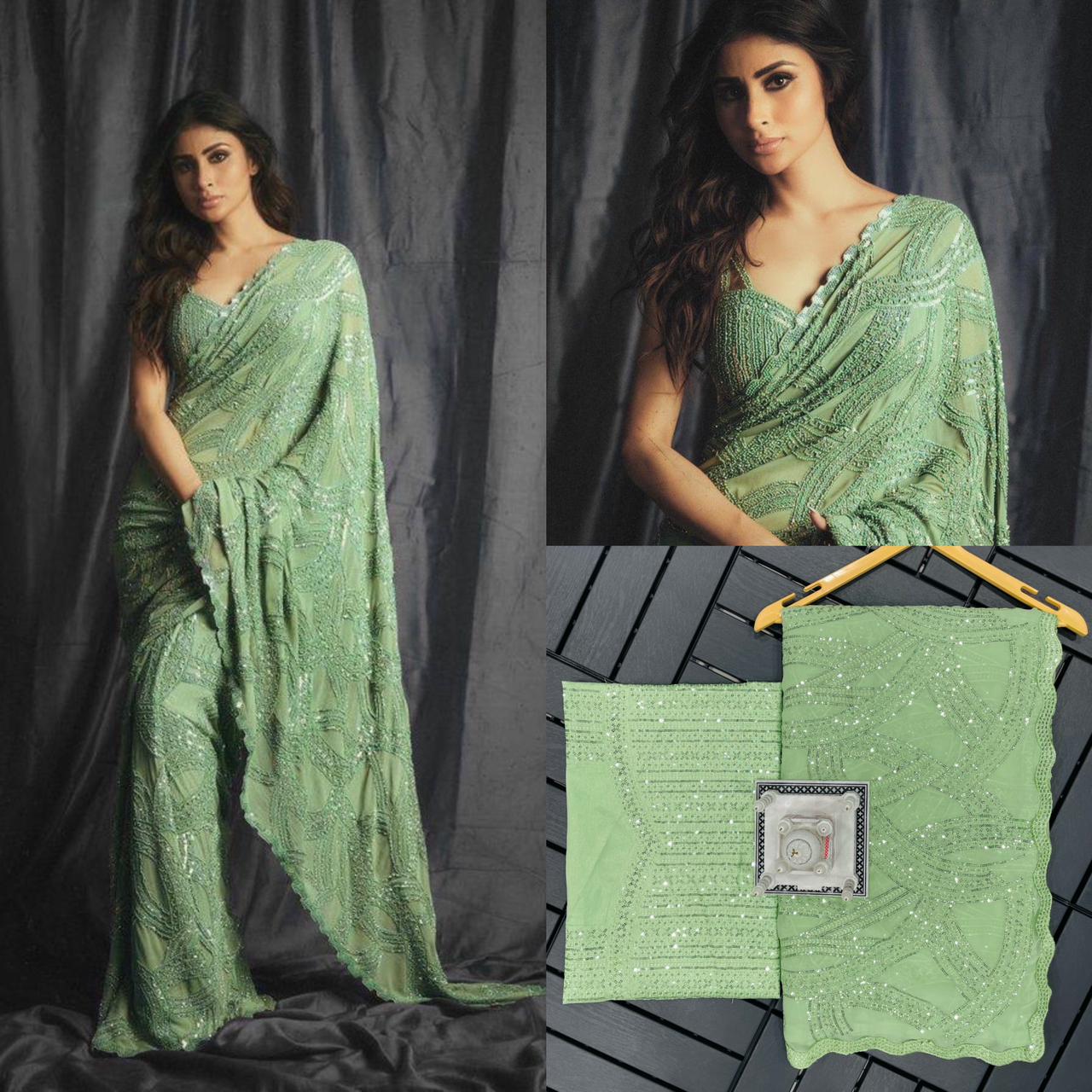 Mouni Roy EMBROIDERED ZARI & SEQUINS ALL OVER WORK WITH LACE BORDER SAREE INSPIRED BY CELEBRITY