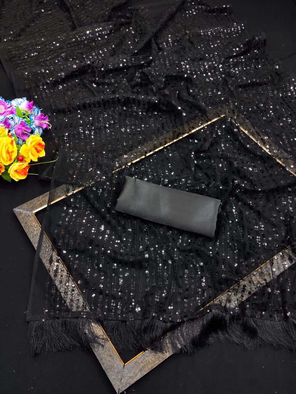 Nylon Butterfly Net  Black Bollywood Saree