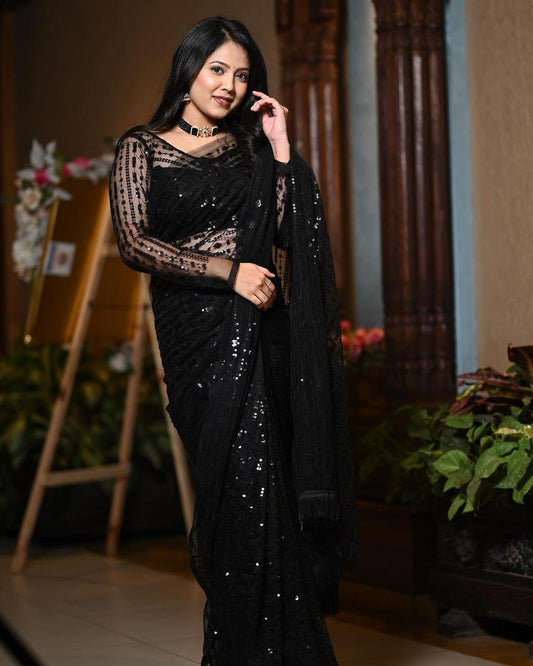 Nylon Butterfly Net  Black Bollywood Saree