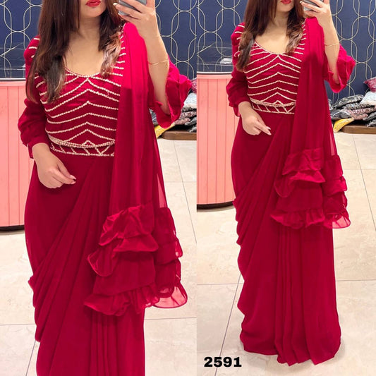 New Designer Red  Colour Pre Draped Saree
