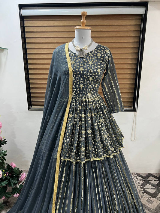 Gray Colour Geogette Fabric with Embroidery work lehenga top kzf-266
