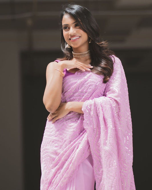 BABY PINK COLOURKLG SEQUANCE EMBROIDERED WORK SAREE WITH BLOUSE🚀 *_KLG-1649